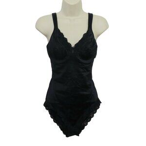 VTG Vanity Fair 857-036 Womens 36B Black Lace Trim Underwire Bodysuit Shapewear